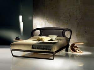 LE14B Iride Bett, Doppelbett mit Leder bezogen, gewundenen Linien