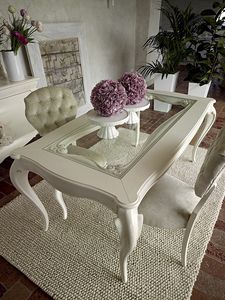 Giulietta Tisch, Esstisch aus weiem Holz, mit Glasplatte