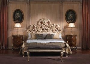 3660 BETT, Bett mit Barockstil, fr luxurise Schlafzimmer, Holzkonstruktion mit beschichteten Blattgold-Finish