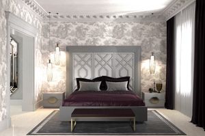 Intrigue Bett mit vertikalen Platten 3, Bett mit Kopfteil mit 3 Platten, mit geometrischen Motiven