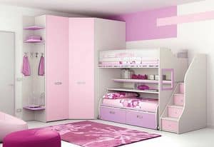 Hochbett KS 103, Modulare Kinderschlafzimmer mit Hochbett und begehbarem Kleiderschrank