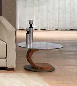 TL58 Mistral kleiner Tisch, Ovale Couchtisch aus Nussbaum, Glas und Stahl, mit Intarsien