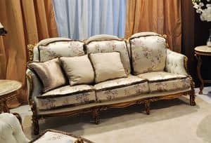 Liberty 3-Sitzer-Sofa, Klassisches Sofa handgeschnitzt, in Nussbaum mit Gold