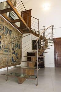 BG.10, Wendeltreppe mit Stahlgelnder und Stufen aus Holz und Glas